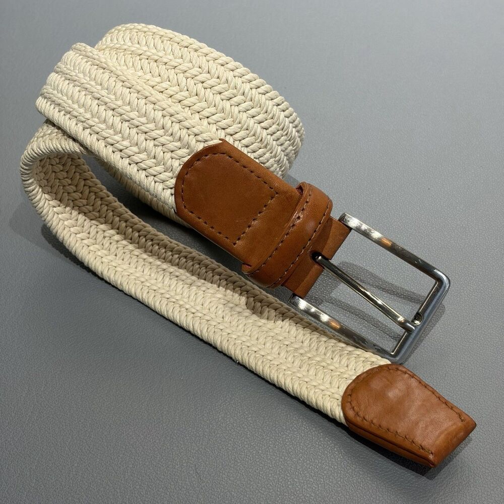 Beltology Control Cream Belt Men’s 34 Woven Stretch Flex Leather Trim 1.25”